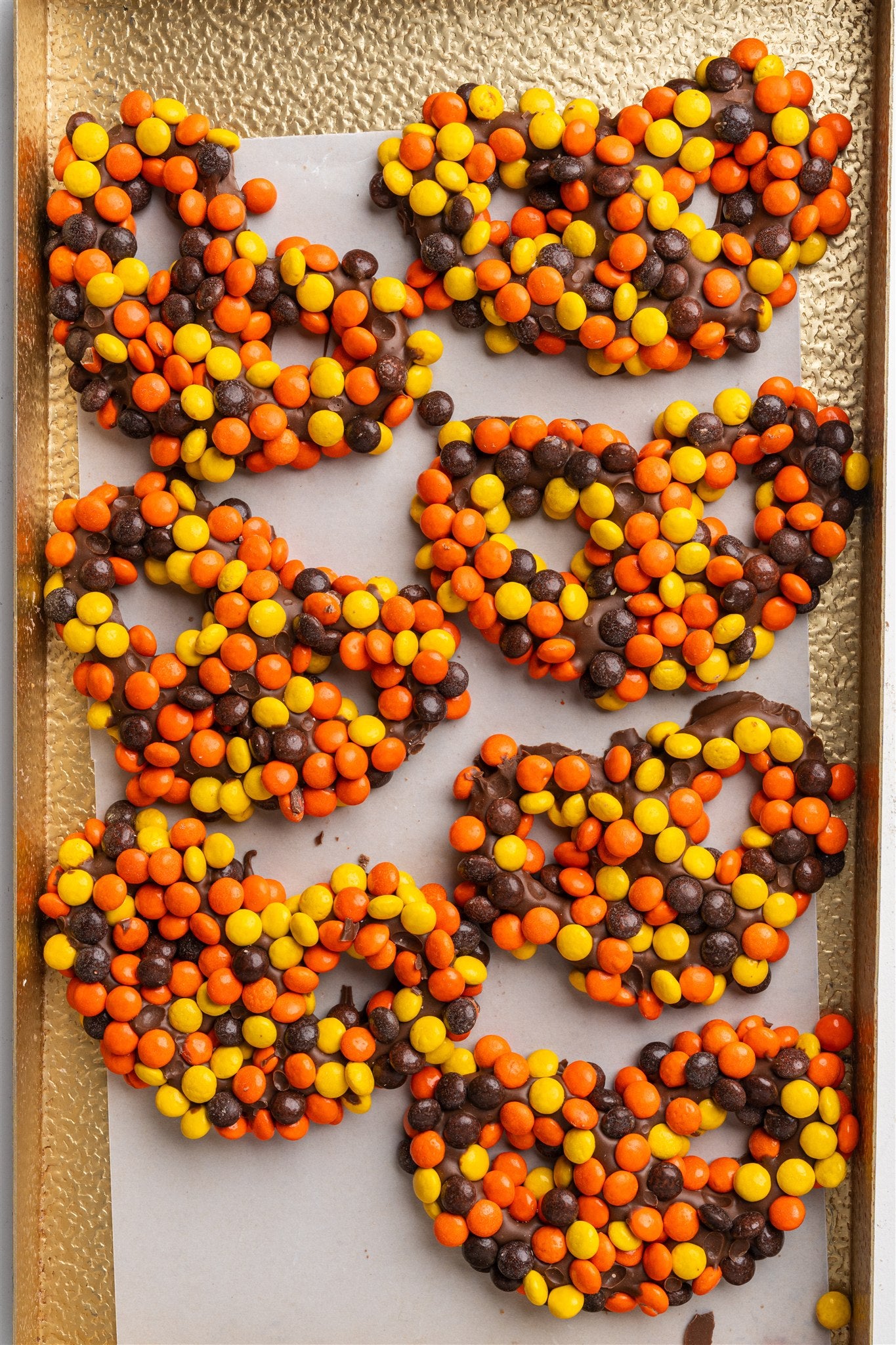 Reeces Pieces Covered Pretzels
